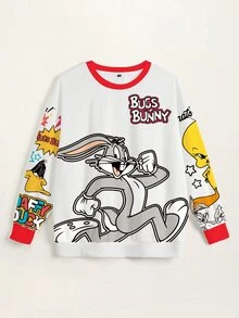 LOONEY TUNES X SHEIN Plus Size Women's Crew Neck Letter Cartoon Print Casual Everyday Sweatshirt Fall - White - View 6