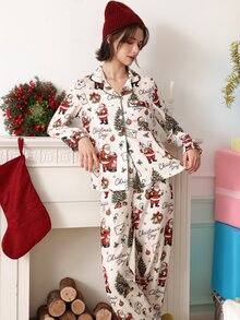 Chillnights Women's Christmas Print Santa Claus & Christmas Tree Casual Lapel Long Sleeve Pants Pajama Set - Apricot - View 4