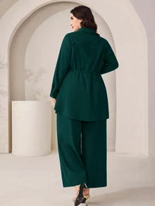 Modelyn 大尺碼女款純色百褶長袖上衣與長褲休閒日常兩件套 - 墨綠色 - 查看 2