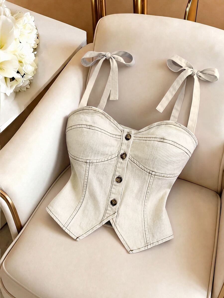 GlowEve Women's Summer Casual Front Button Camisole Beige Denim Top - White - View 1