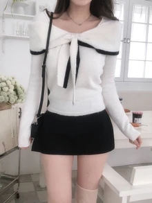 DAZY Women's Sweet Korean Style Colorblock Tie-Up Long Sleeve Sweater - White - View 4