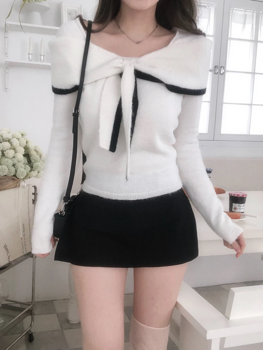 DAZY 女款甜美韓系拼色綁帶長袖針織衫 - 白色 - 查看 1