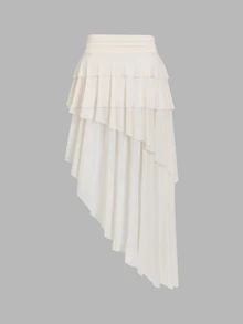 Sweetra Women's Apricot Vacation Casual Pleated Ruched Waist Asymmetrical Hem Mesh Skirt - Apricot - View 2