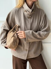 DAZY Áo khoác dáng ngắn nữ phong cách vintage thanh lịch, cổ đứng, form rộng, chất tweed, đa năng cho đi làm văn phòng, hẹn hò, mùa Thu/Đông - Màu Khaki - Xem 2