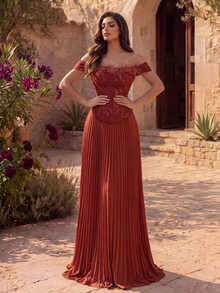 Coutiva Women's Elegant Evening Dress With 3D Floral Decor, Off-Shoulder Design And Pleated Hem - Rust Brown - View 7