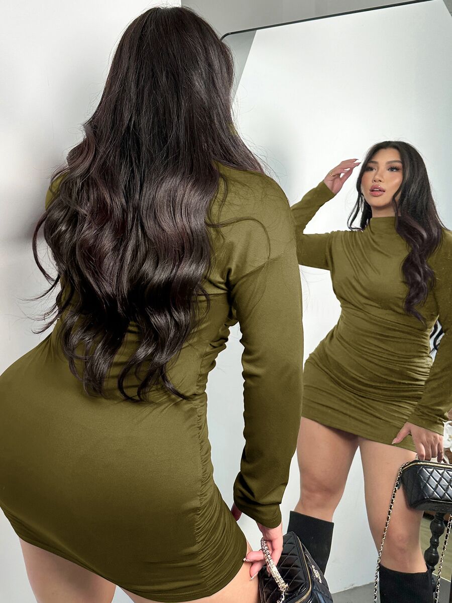 Firerie 大尺碼女款純色百褶優雅收腰派對洋裝 - 橄欖綠 - 查看 1