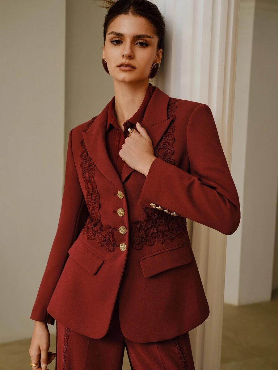 ZEYLAH Blazer Lengan Panjang Wanita Kancing Tunggal Kasual untuk Perjalanan Sehari-hari - Burgundy - View 1