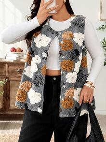 Weeklong Plus Size Sleeveless Round Neck Button-Up 3D Floral Slimming Fashion Casual Elegant Commuter Outing Jacket For Women - Multicolor - View 5