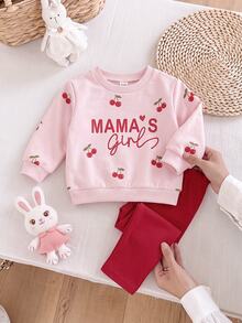 SHEIN 2pcs/Set Cute Cherry Pattern Sweatshirt & Elastic Waist Long Pants Outfit For Baby Girls - Pink - View 1