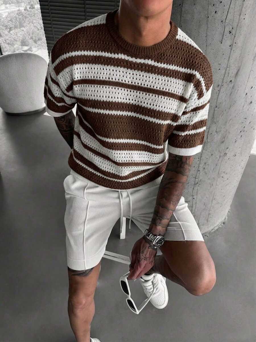 Manfinity Roughcore Men's Colorblock Striped Short Sleeve Knit Top - Brown - View 1