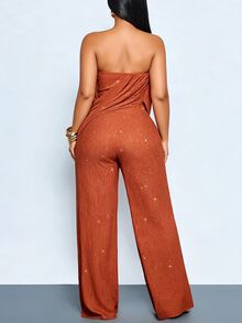 SOLERSUN Plus Size Elegant Party Strapless Ruched Draped Wide Leg Jumpsuit, High Elastic Textured Shiny Party, Fashion Elegant Commute Party Halloween Party - Rust Brown - View 5