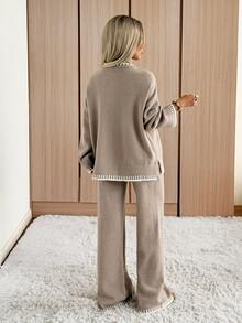 SHEIN EZwear Women's Colorblock Long Sleeve Top And Pants Knit Two Pieces Set - Mocha Brown - View 2