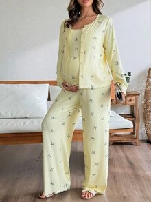 Dazy Maternity Setelan 3 Potong untuk Pakaian Rumah Kasual Sehari-hari dengan Motif Kupu-kupu (Kamisol Pas Badan, Kardigan Longgar, Celana Panjang Lurus), dan Setelan 2 Potong untuk Ibu Hamil/Musim Semi/Gugur - Kuning - View 4