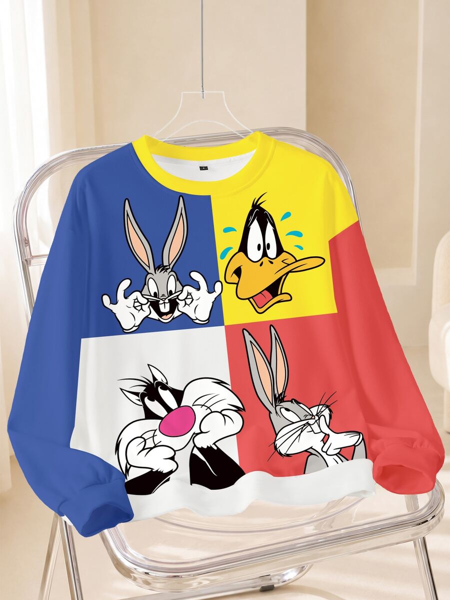 LOONEY TUNES X SHEIN Women's Colorblock Patchwork Cartoon Print Sweatshirt - White - View 1