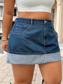 SHEIN ICON Plus Size Women's Casual Daily Pocket Button Half-Length Skirt - Medium Wash - View 5