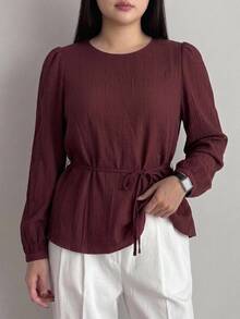 Dazy Plus Korean Style Red Office Wear Tie-Neck Round Collar Petal Sleeve Commuter Blouse - Burgundy - View 5