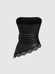 Sweetra Women's Black PU Leather Casual Minimalist Bandeau Sleeveless Ruched Waist Metal Buckle Decor Asymmetrical Hem Ruffle Patchwork Top - Black - View 2
