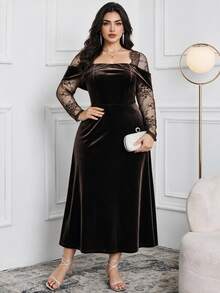 Modelyn Plus Size Elegant Party Lace Patchwork Dress - Coffee Brown - View 5