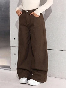 SHEIN 青少年女孩休閒百搭牛仔寬鬆闊腿長褲，附口袋 - 棕色 - 查看 6