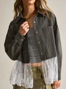 Women's Vintage Plaid Contrast Lace Blouse - Army Green - View 1