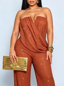 SOLERSUN Plus Size Elegant Party Strapless Ruched Draped Wide Leg Jumpsuit, High Elastic Textured Shiny Party, Fashion Elegant Commute Party Halloween Party - Rust Brown - View 6