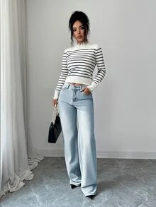 Elenzga Spring/Autumn Gentle Lady Style Black & White Ribbed Collar & Cuff Lace Trim Ribbed Knit Pullover Sweater For Women - White - View 5