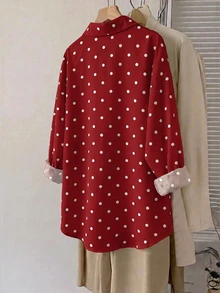 SHEIN LUNE 大尺碼女款波點休閒百搭日常外出襯衫 秋季 - 紅白色 - 查看 2