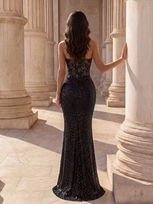 Coutiva Women's Elegant Halter Neck Evening Dress With Contrast Lace, Sequins And Side Slit Hem - Black - View 2