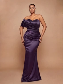 Vowa Plus Size Elegant Romantic Luxury Brown One-Shoulder Cloud Print Ruched Waist Fitted Bodycon Mermaid Hem With Train Evening Gown For Wedding Party Celebration Formal Event Heavy Embellished - Brown - View 6