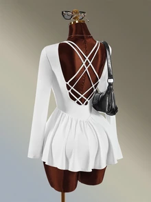 Amplova Women's Solid Color Backless Sports Dress Workouts And Casual Wear Going Out Daily Wear Gym Fitness Running Backless Sexy Long Sleeve Tennis - White - View 4