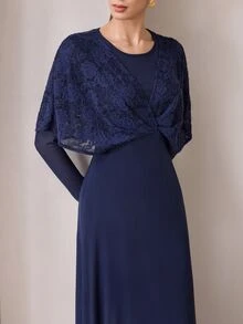 Graceveil Navy Blue Lace Twisted Shawl Style 2 In 1 Long Sleeve Evening Gown - Royal Blue - View 3