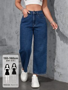 SHEIN PETITE 女款寬鬆直筒寬腿顯瘦淺色四季短版牛仔褲 - 深色水洗藍 - 查看 1