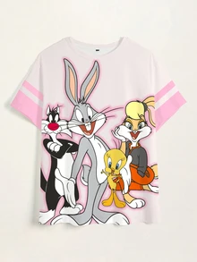 LOONEY TUNES X SHEIN 大尺碼夏季休閒卡通印花T恤 - 白色 - 查看 7
