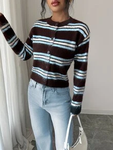Elenzga Autumn/Winter Korean Vintage Versatile Round Neck Contrast Color Striped Single-Breasted Knit Cardigan Sweater For Women - Coffee Brown - View 4