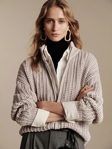Anewsta Essential Autumn/Winter Elegant Lapel Zip-Up Hollow Stripe Vertical Hollow High-End Grey Knit Cardigan - Grey - View 4