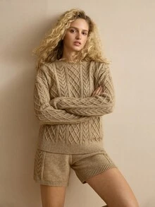 MOTF PREMIUM WOMEN'S 2-PIECES SET AUTUMN/WINTER SOLID COLOR DROP SHOULDER LOOSE CABLE KNIT SWEATER AND KNIT SHORTS - Khaki - View 5