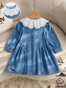 SHEIN Girls' Denim Dress, Cute Basic Minimalist Contrast Lace Trim Round Neck Puff Long Sleeve Loose Non-Stretch Denim Dress - Medium Wash - View 2