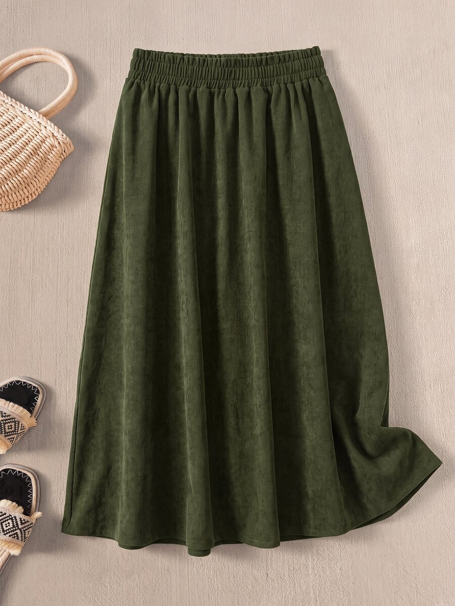 Rusticease Women's Solid Color Elastic Waist Casual Commute Skirt - Army Green - View 1