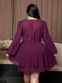 NU&NOW Gaun Pesta Elegan Bergaya Prancis, Model Kerah Berkerut Semi-Transparan, Lengan Panjang, Bahan Chiffon, Cocok untuk Wanita Ukuran Plus di Awal Musim Gugur, Cocok untuk Kencan dan Aktivitas Luar Ruangan. - Purple - View 2