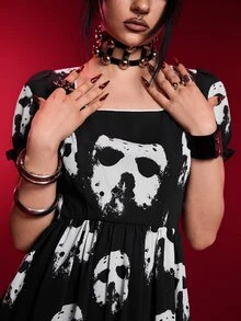 Beetlejuice X SHEIN Women's Ghost Face Print Square Neck Short Petal Sleeve Dress - Black - View 9
