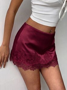 Aloruh Women's Elegant Low Waist Lace Patchwork Satin Fitted Pink Mini Skirt - Burgundy - View 5