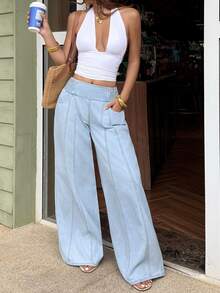 SHEIN PETITE CURVE Plus Size Fashion Streetwear Elastic Waist Pocket Loose Denim Jeans - Apricot - View 6