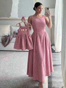 SHEIN فستان بناتي صغير مزين بزهور ثلاثية الأبعاد مع حافة مكشكشة لطيف للخريف - وردي - مشاهدة 3