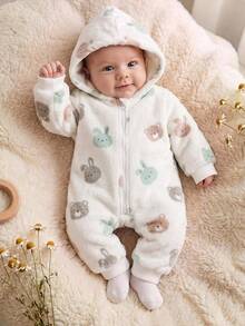 SHEIN Bộ romper có mũ cho trẻ sơ sinh, họa tiết thỏ hoạt hình, khóa kéo phía trước - Màu be - Xem 4