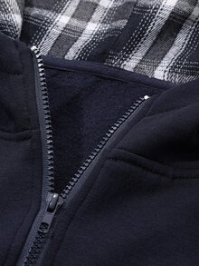 Dazy Plus Thermal Lined Thick Hooded Colorblock Plaid Design Fun Commute Korean Style Loose Fit Spring Autumn New Jacket - Navy Blue - View 7