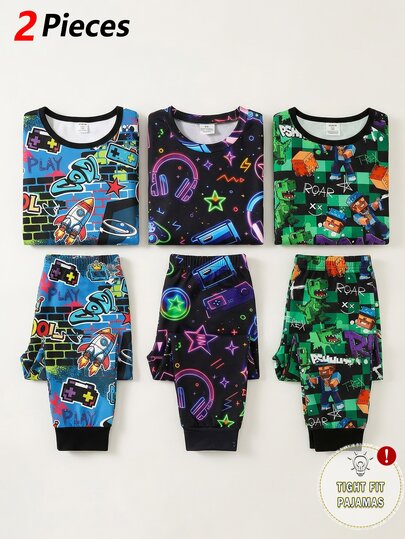 Tween Boy Round Neck Long Sleeve Top And Long Pants 2 Pieces Set, Gaming Rocket Print, Color Block Blue & Black Autumn/Winter Pajamas Snug Fit