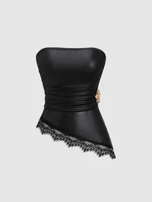 Sweetra Women's Black PU Leather Casual Minimalist Bandeau Sleeveless Ruched Waist Metal Buckle Decor Asymmetrical Hem Ruffle Patchwork Top - Black - View 4
