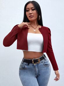 SHEIN PETITE 秋冬款泡泡袖前開襟短版夾克 - 酒紅色 - 查看 5