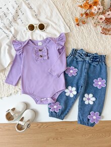 SHEIN Vintaside Kids 2件組紫色女嬰甜美花朵蝴蝶結紙袋腰傘狀袖連身衣褲套裝 秋季 - 紫色 - 查看 3
