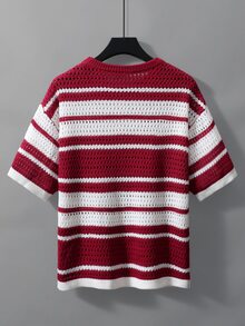 Manfinity Roughcore Men's Striped Crew Neck Short Sleeve Hollow Out Casual Knit Top - Red - View 2